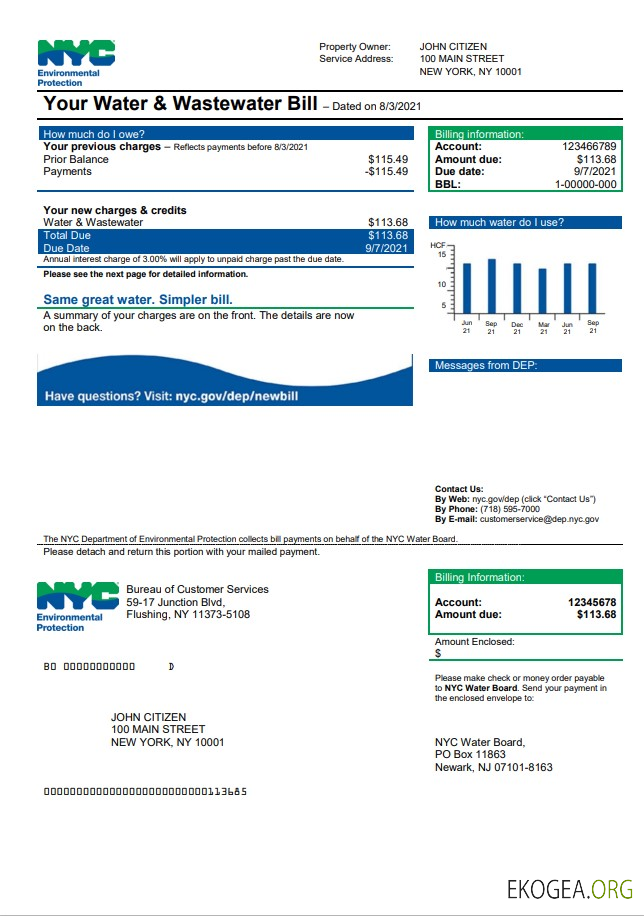 USA The New York City Department of Environmental Protection (DEP) utility bill template in Word and PDF format